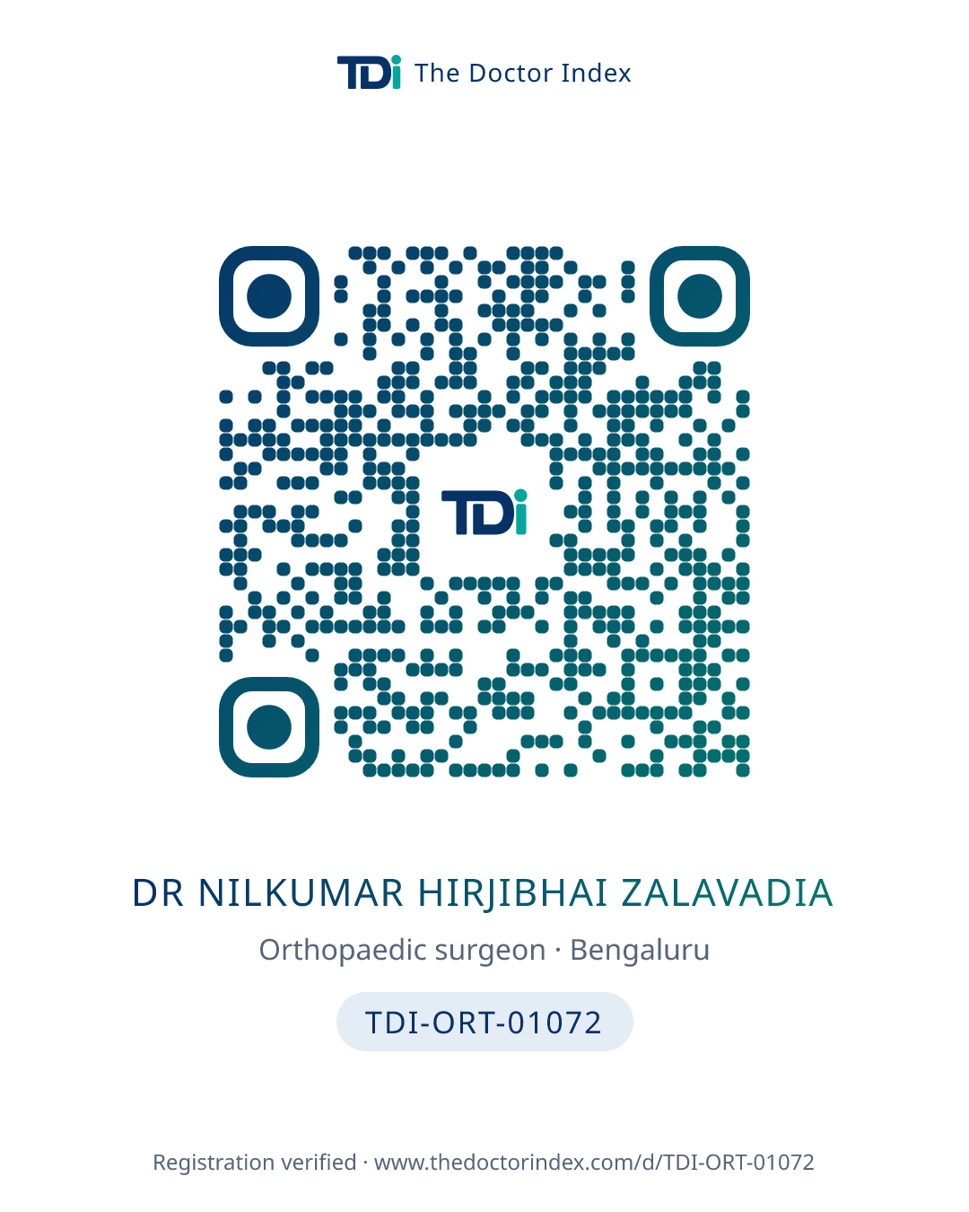 QR card for Dr Nilkumar Hirjibhai Zalavadia, TDI-ORT-01072
