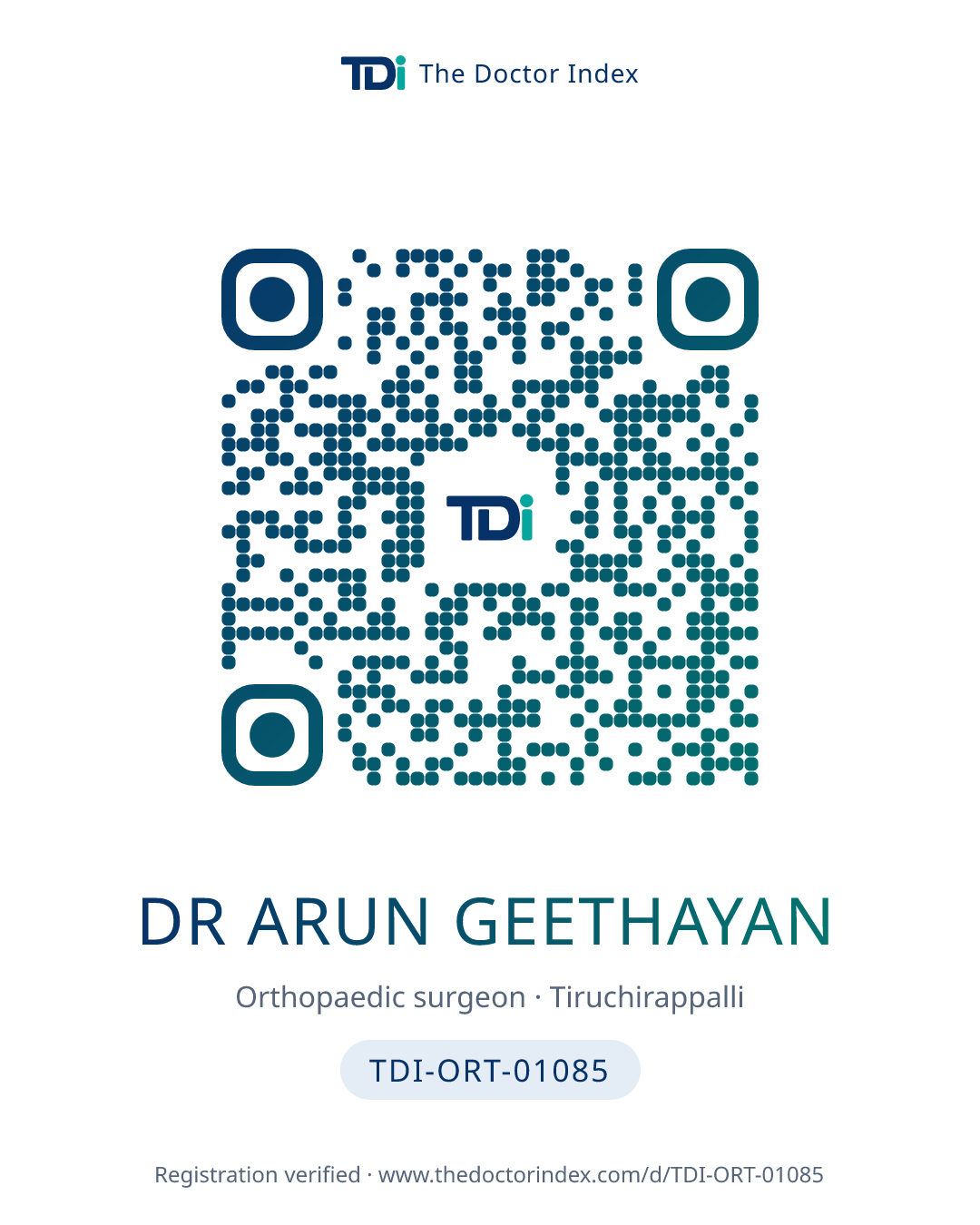 QR card for Dr Arun Geethayan, TDI-ORT-01085