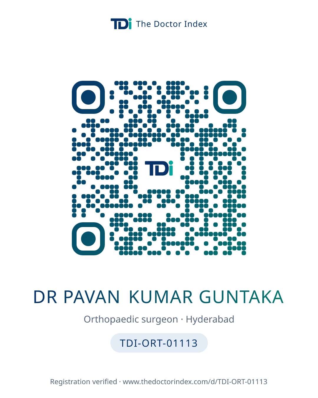 QR card for Dr Pavan Kumar Guntaka, TDI-ORT-01113
