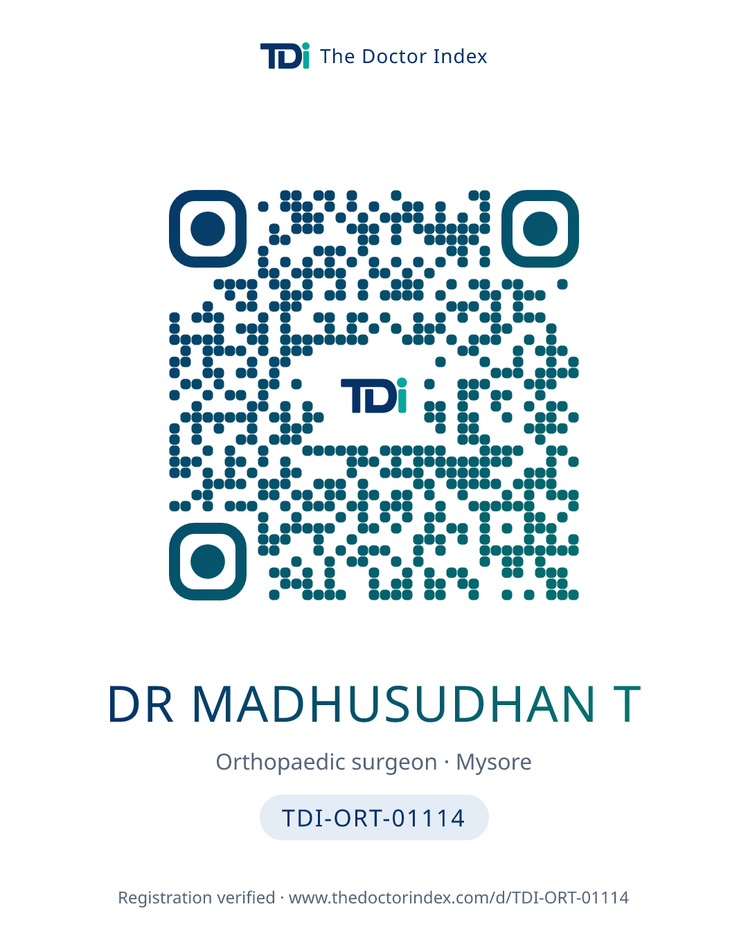 QR card for Dr Madhusudhan T, TDI-ORT-01114