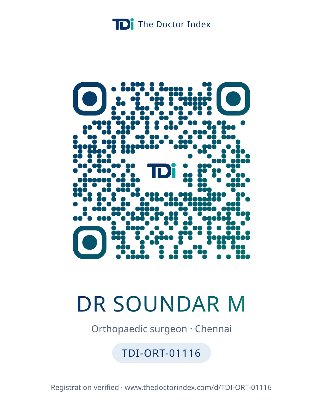 QR card for Dr Soundar M, TDI-ORT-01116