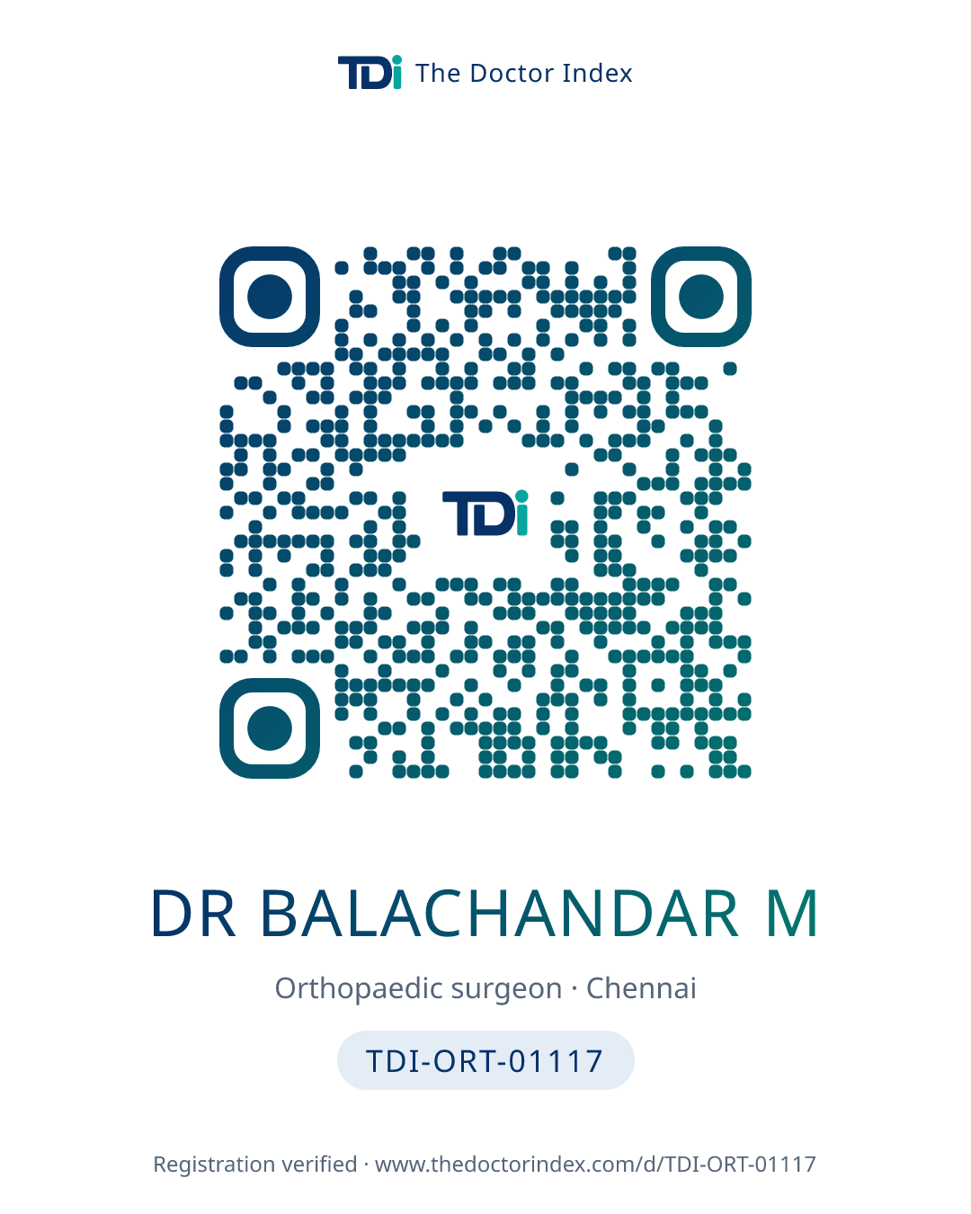QR card for Dr Balachandar M, TDI-ORT-01117