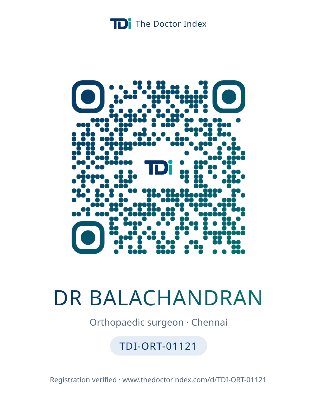 QR card for Dr Balachandran, TDI-ORT-01121