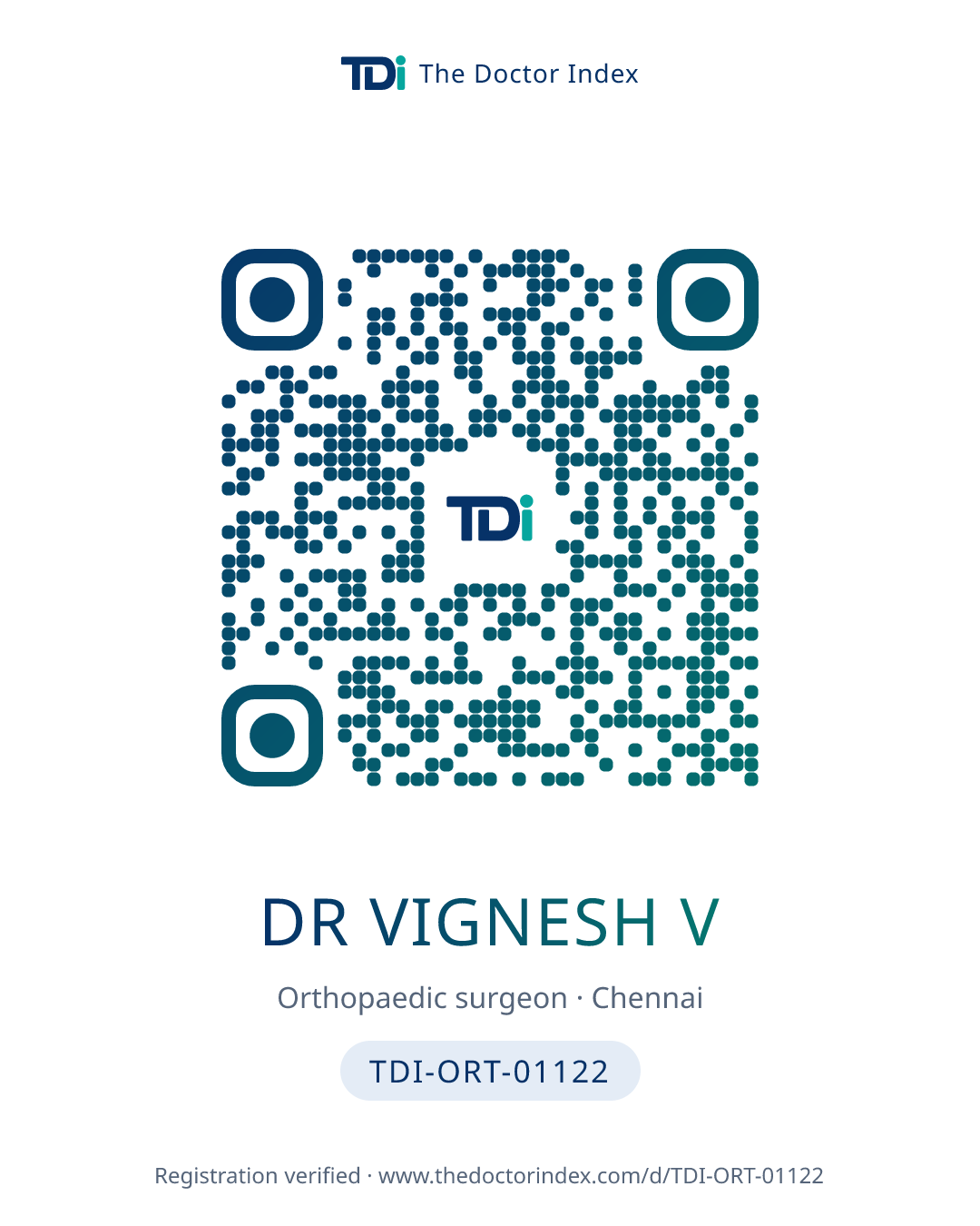 QR card for Dr Vignesh V, TDI-ORT-01122