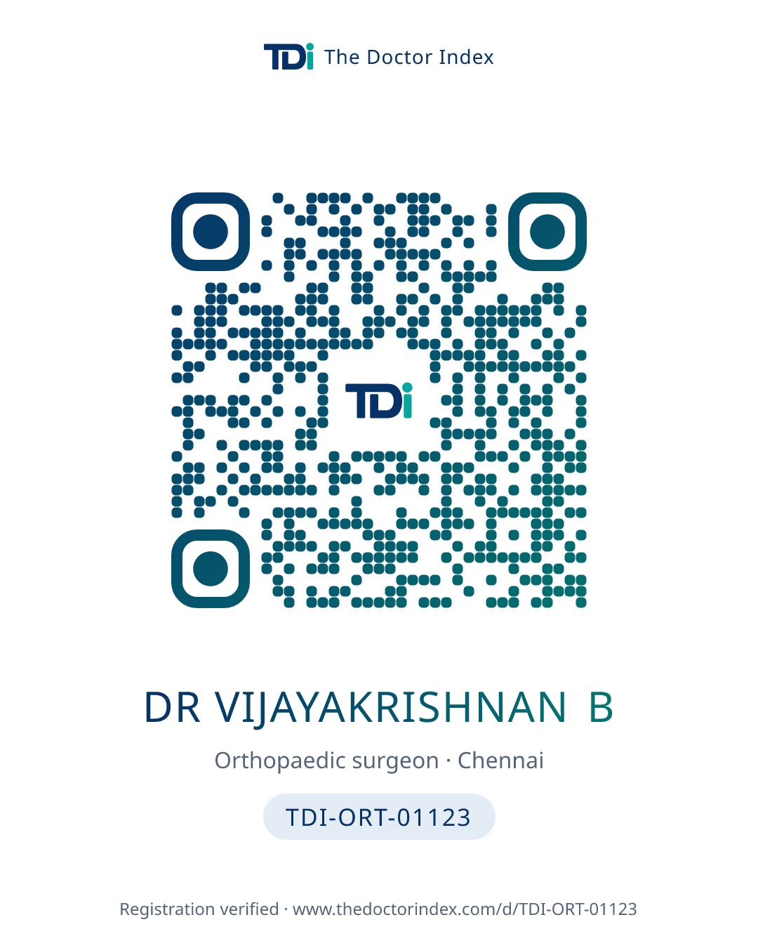 QR card for Dr Vijayakrishnan B, TDI-ORT-01123