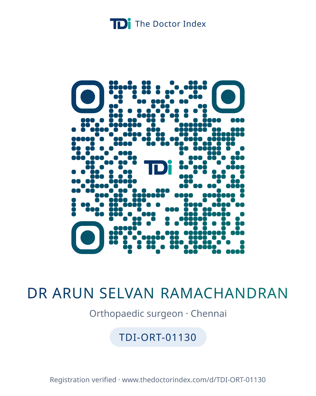 QR card for Dr Arun Selvan Ramachandran, TDI-ORT-01130