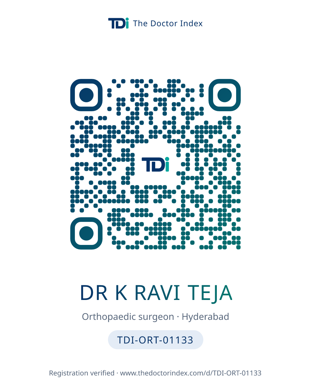 QR card for Dr K Ravi Teja, TDI-ORT-01133