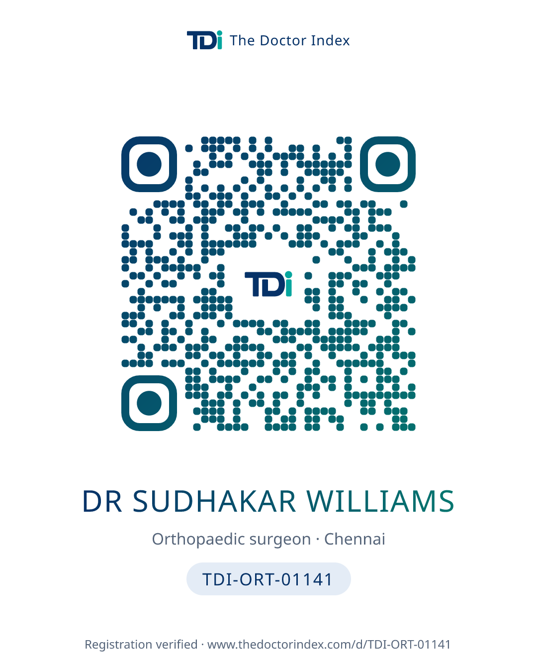 QR card for Dr Sudhakar Williams, TDI-ORT-01141
