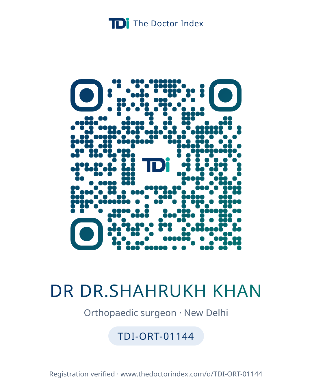 QR card for Dr Dr.shahrukh Khan, TDI-ORT-01144