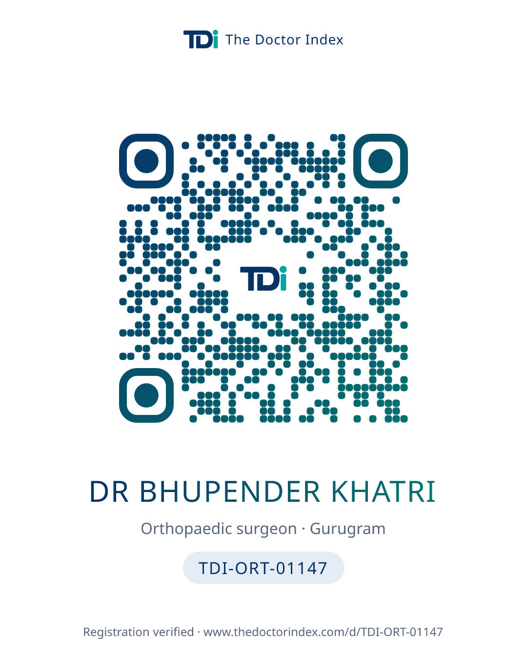 QR card for Dr Bhupender Khatri, TDI-ORT-01147