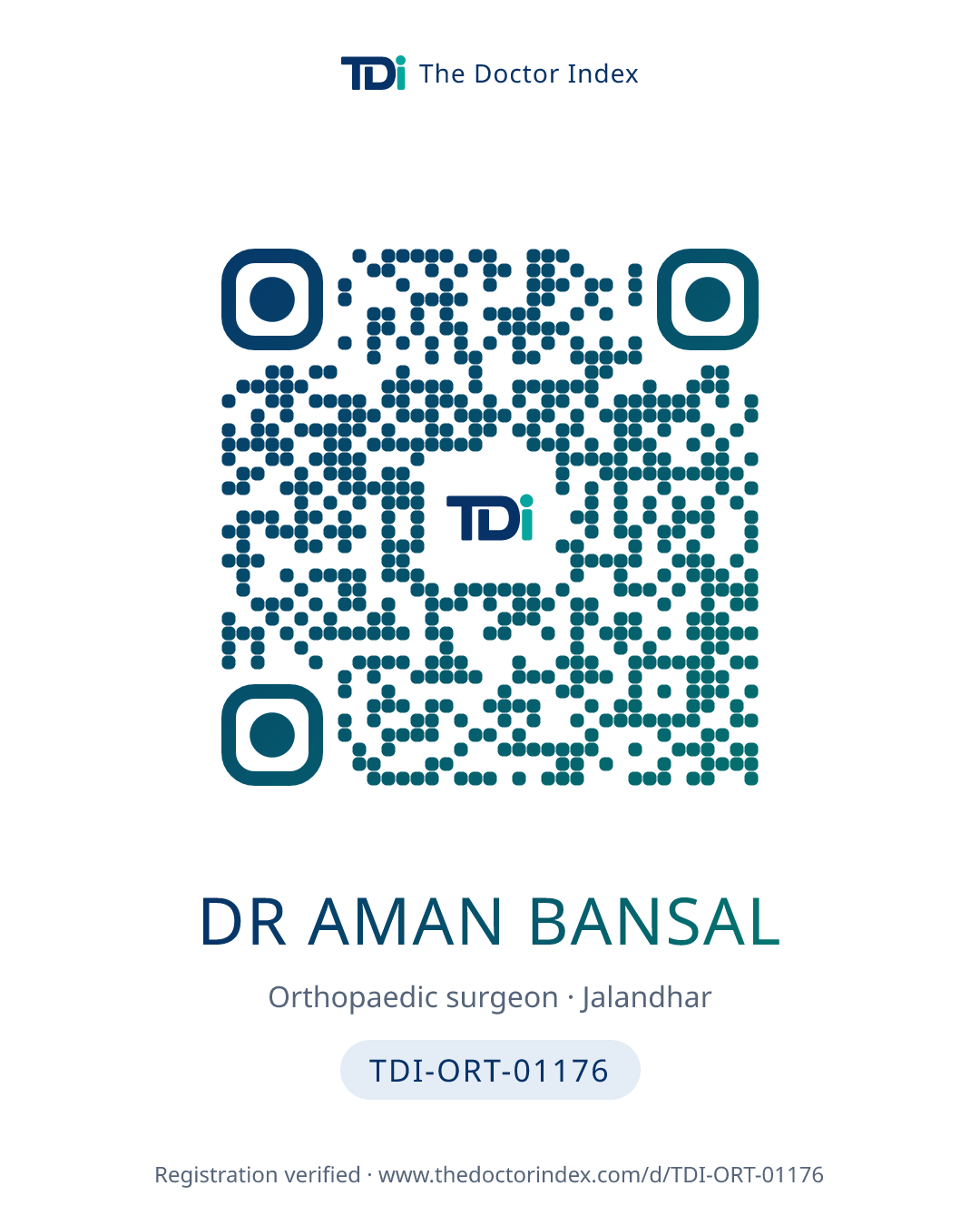 QR card for Dr Aman Bansal, TDI-ORT-01176