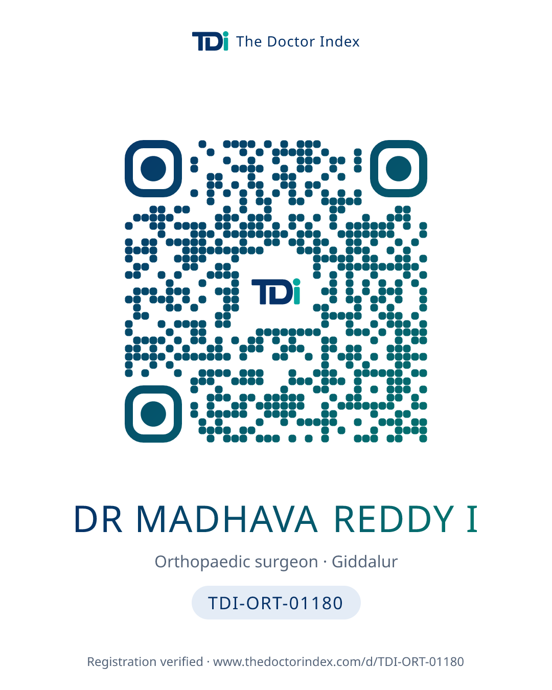 QR card for Dr Madhava Reddy I, TDI-ORT-01180