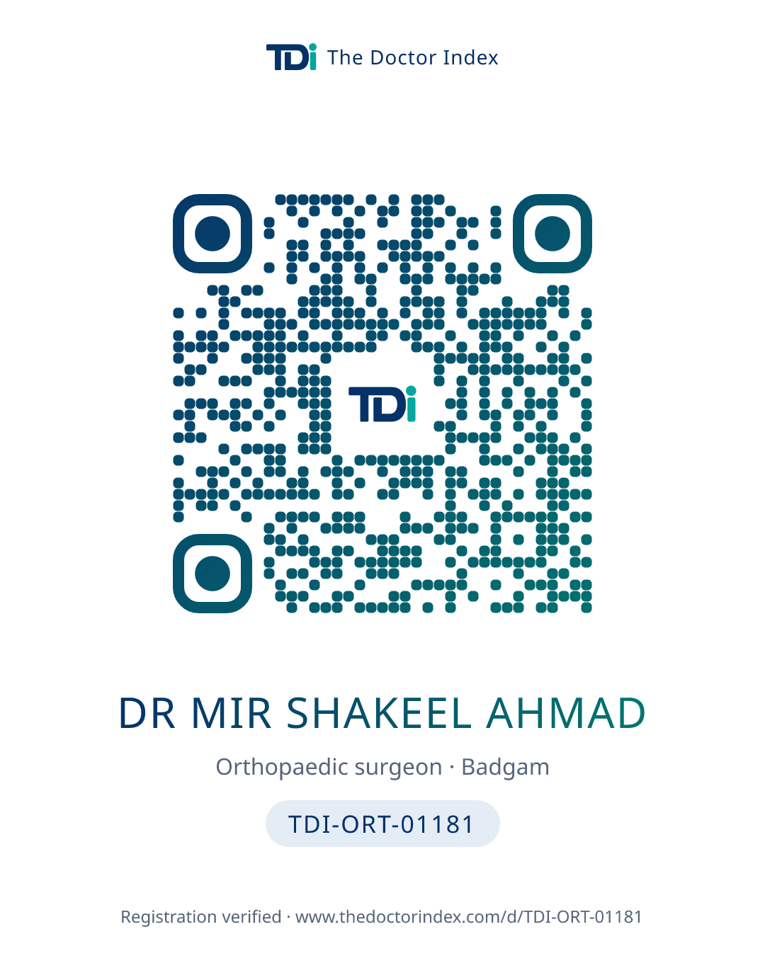 QR card for Dr Mir Shakeel Ahmad, TDI-ORT-01181