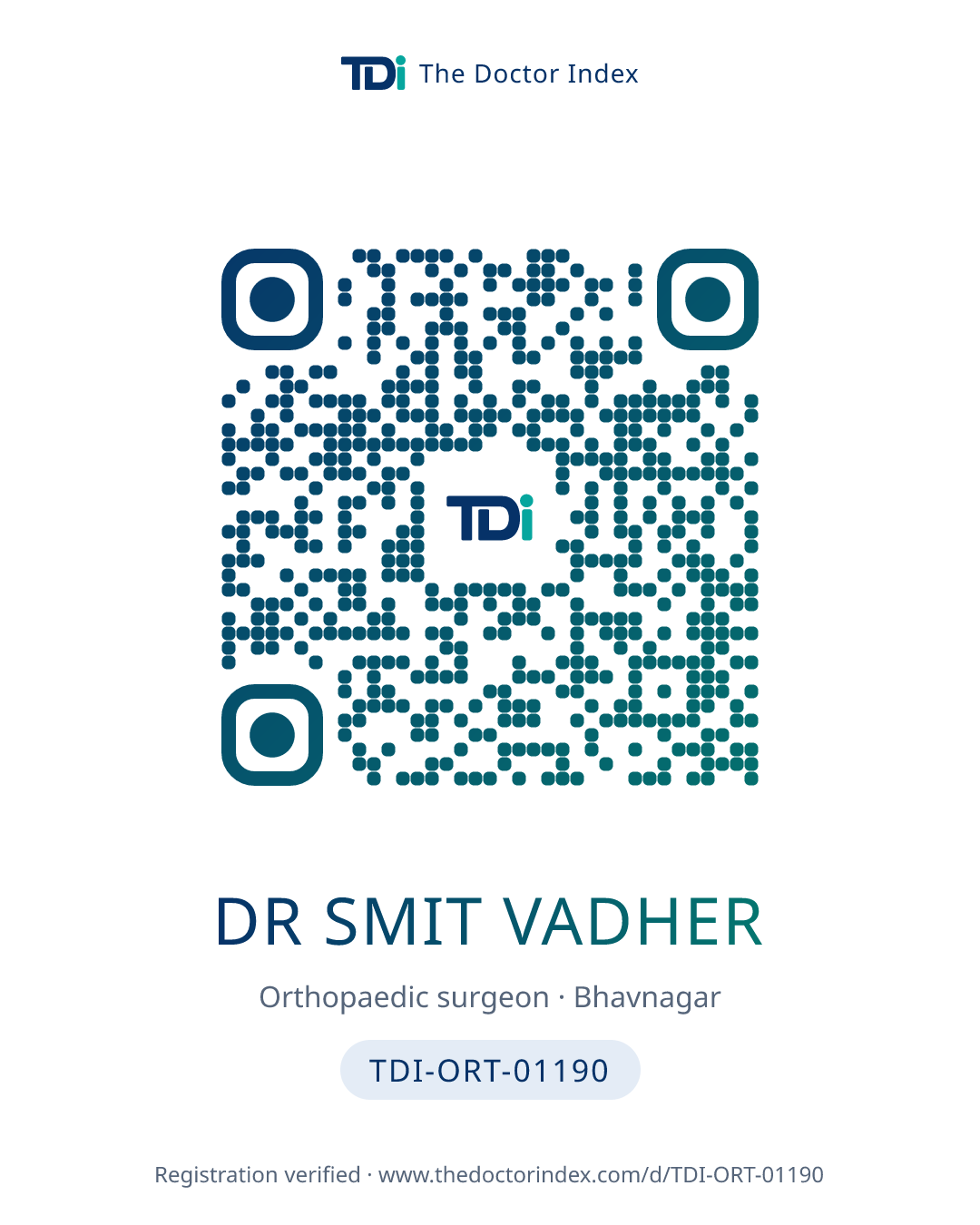 QR card for Dr Smit Vadher, TDI-ORT-01190