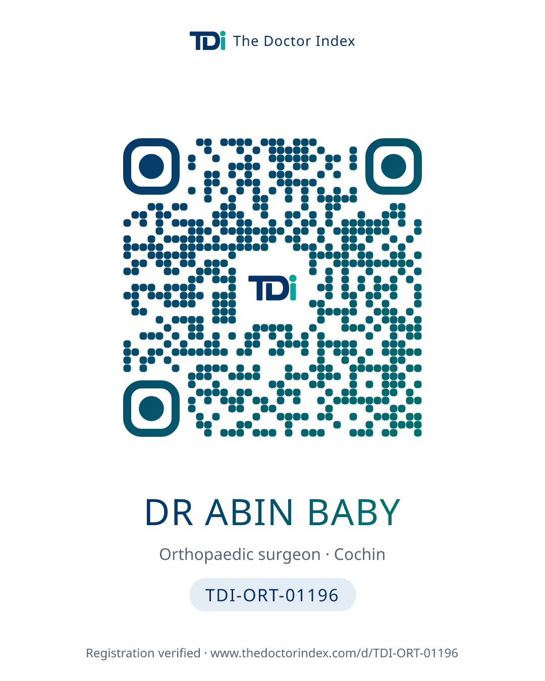 QR card for Dr Abin Baby, TDI-ORT-01196