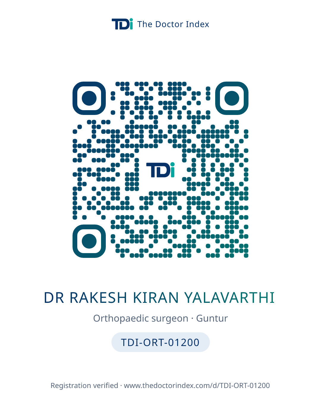 QR card for Dr Rakesh Kiran Yalavarthi, TDI-ORT-01200