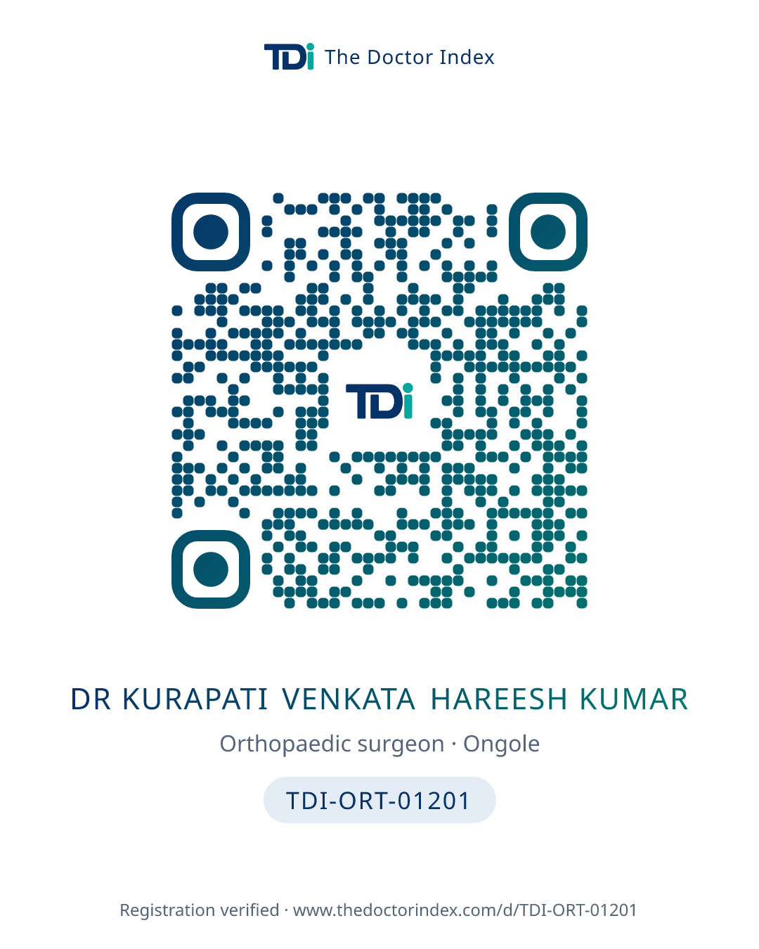 QR card for Dr Kurapati Venkata Hareesh Kumar, TDI-ORT-01201
