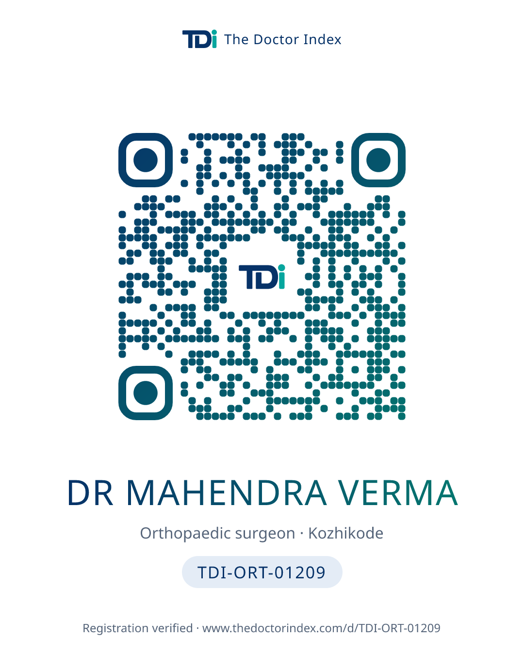 QR card for Dr Mahendra Verma, TDI-ORT-01209