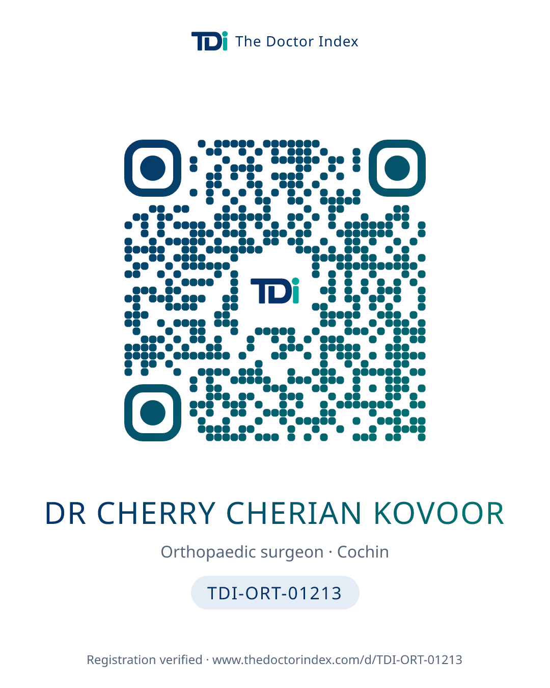QR card for Dr Cherry Cherian Kovoor, TDI-ORT-01213
