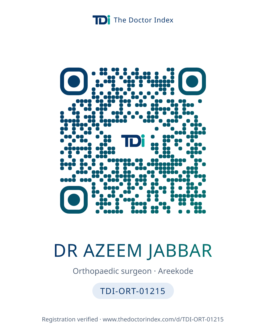 QR card for Dr Azeem Jabbar, TDI-ORT-01215