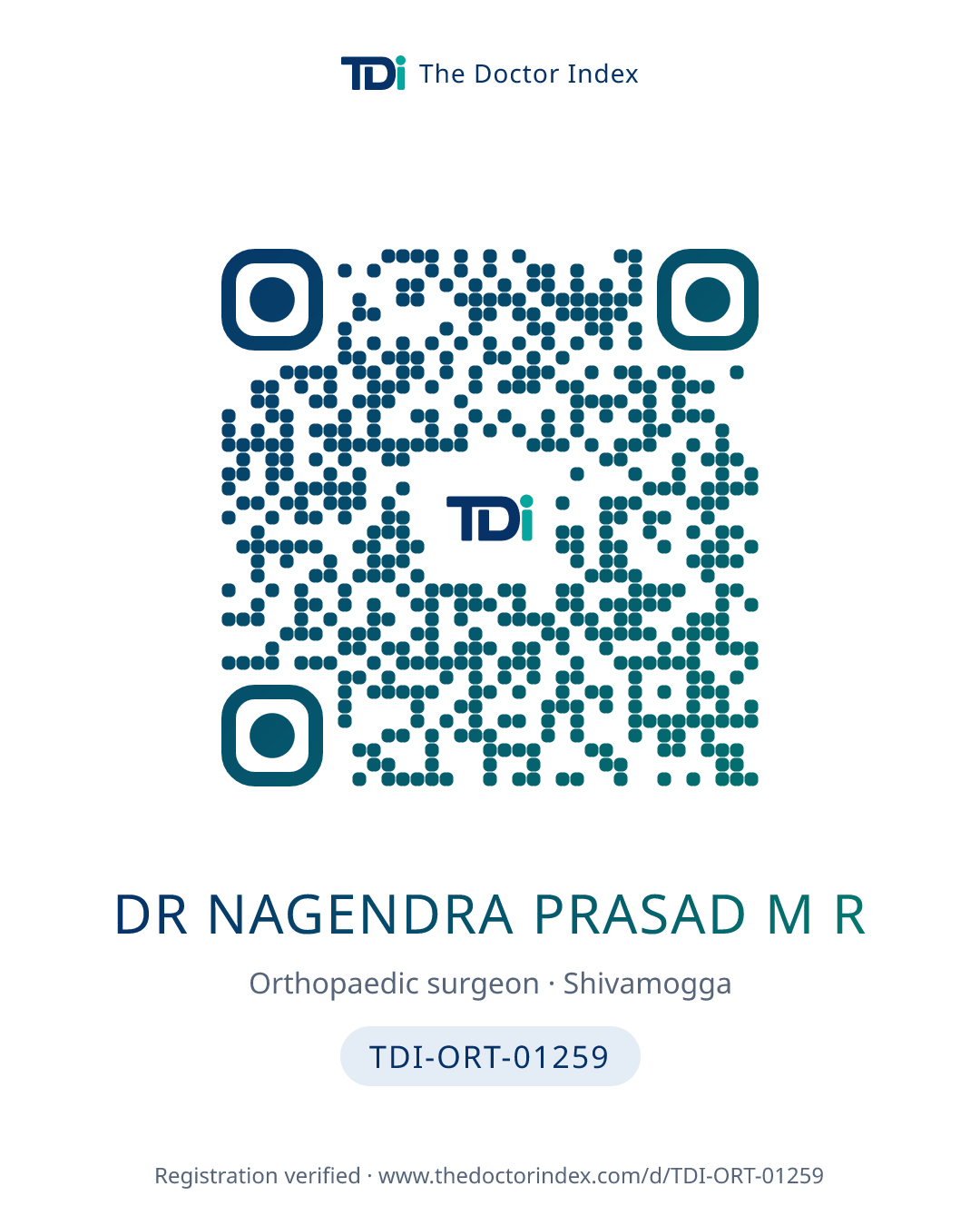 QR card for Dr Nagendra Prasad M R, TDI-ORT-01259