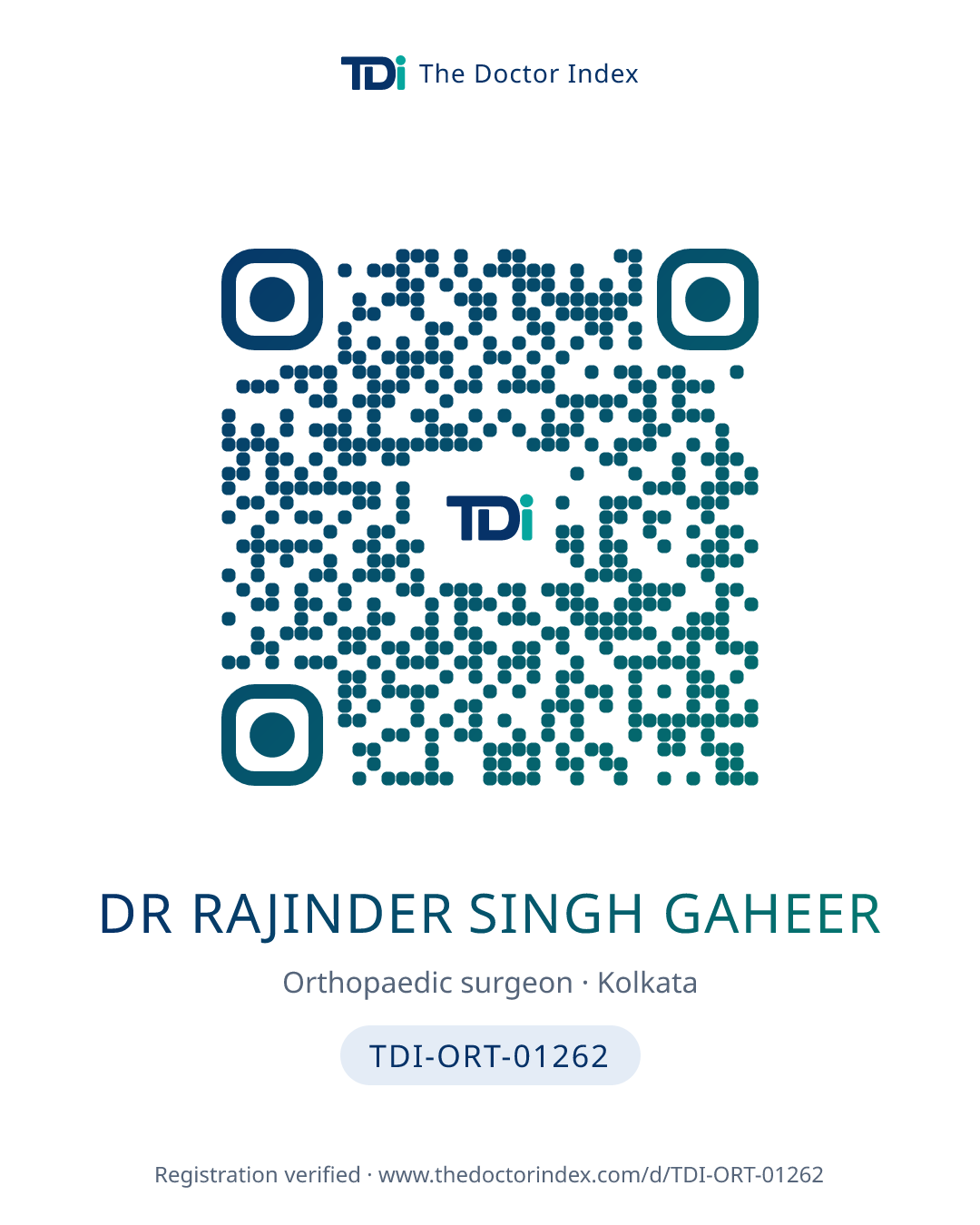 QR card for Dr Rajinder Singh Gaheer, TDI-ORT-01262