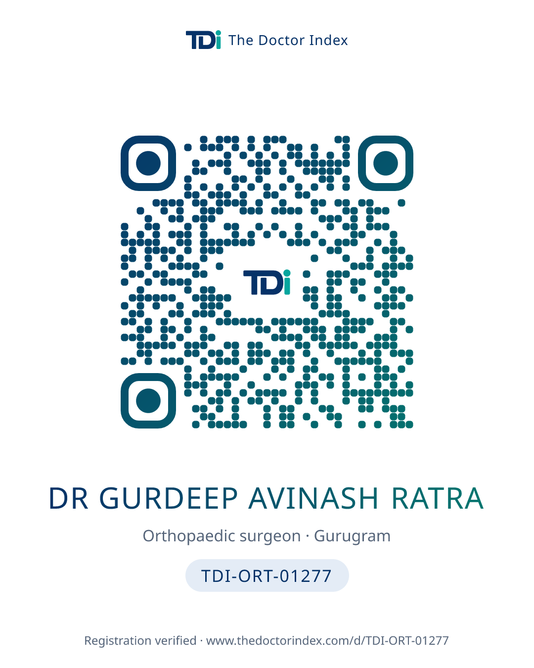 QR card for Dr Gurdeep Avinash Ratra, TDI-ORT-01277