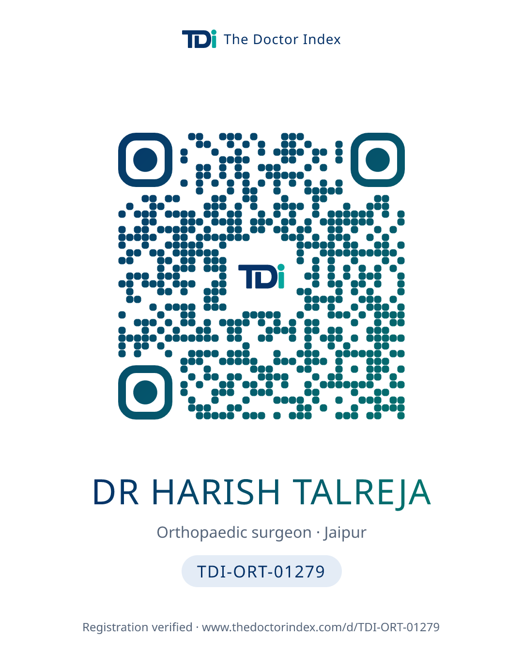 QR card for Dr Harish Talreja, TDI-ORT-01279