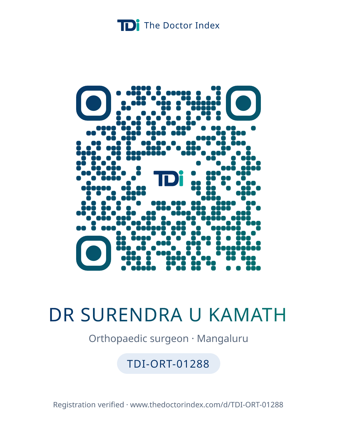 QR card for Dr Surendra U Kamath, TDI-ORT-01288