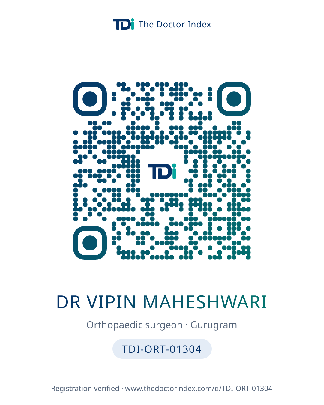 QR card for Dr Vipin Maheshwari, TDI-ORT-01304