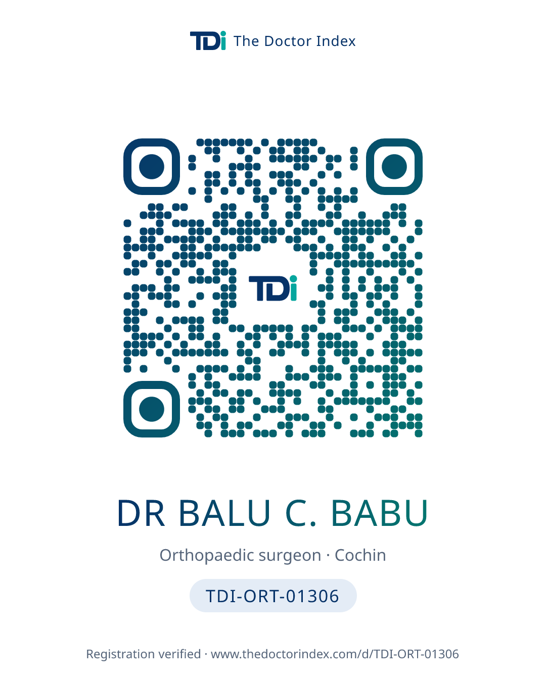 QR card for Dr Balu C. Babu, TDI-ORT-01306