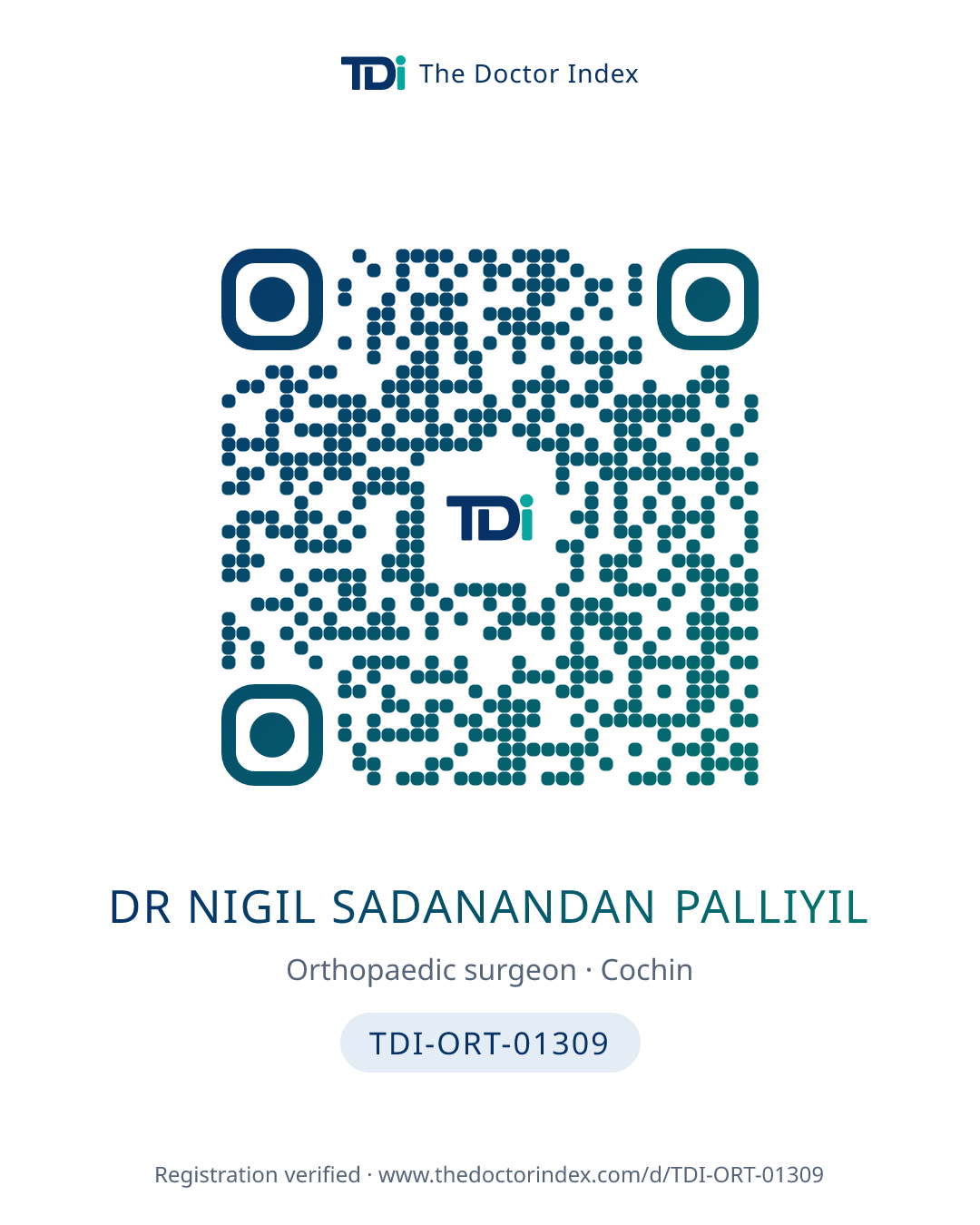 QR card for Dr Nigil Sadanandan Palliyil, TDI-ORT-01309
