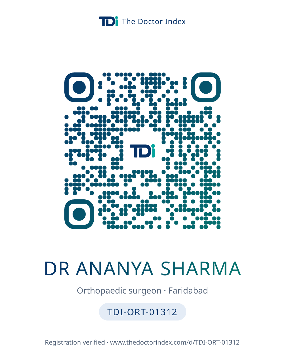 QR card for Dr Ananya Sharma, TDI-ORT-01312