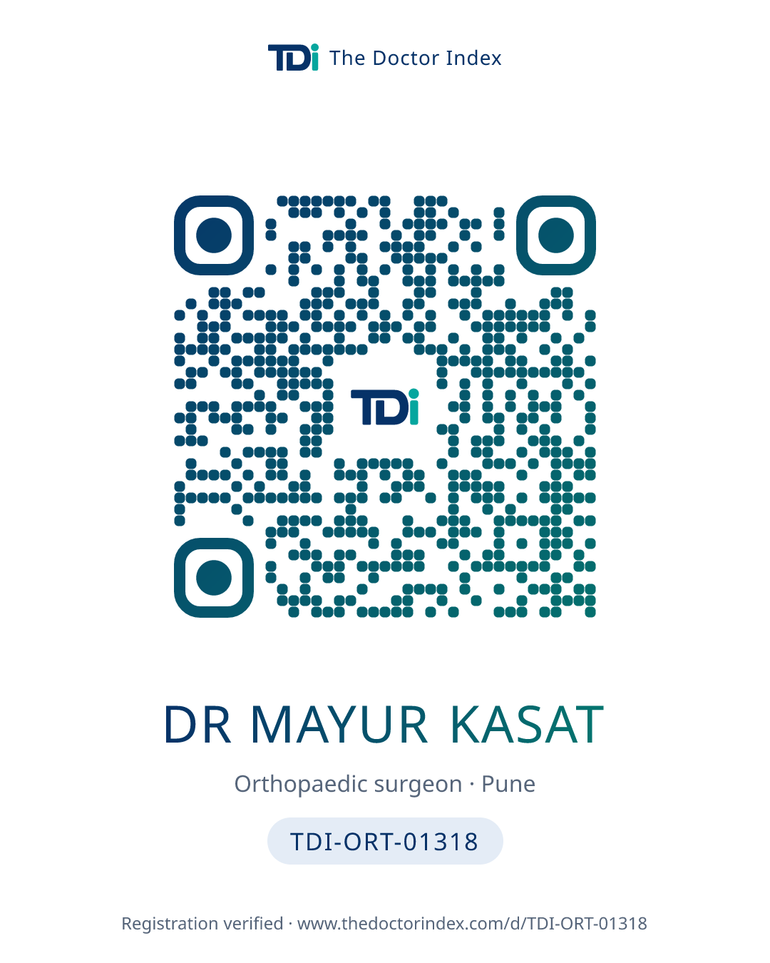 QR card for Dr Mayur Kasat, TDI-ORT-01318