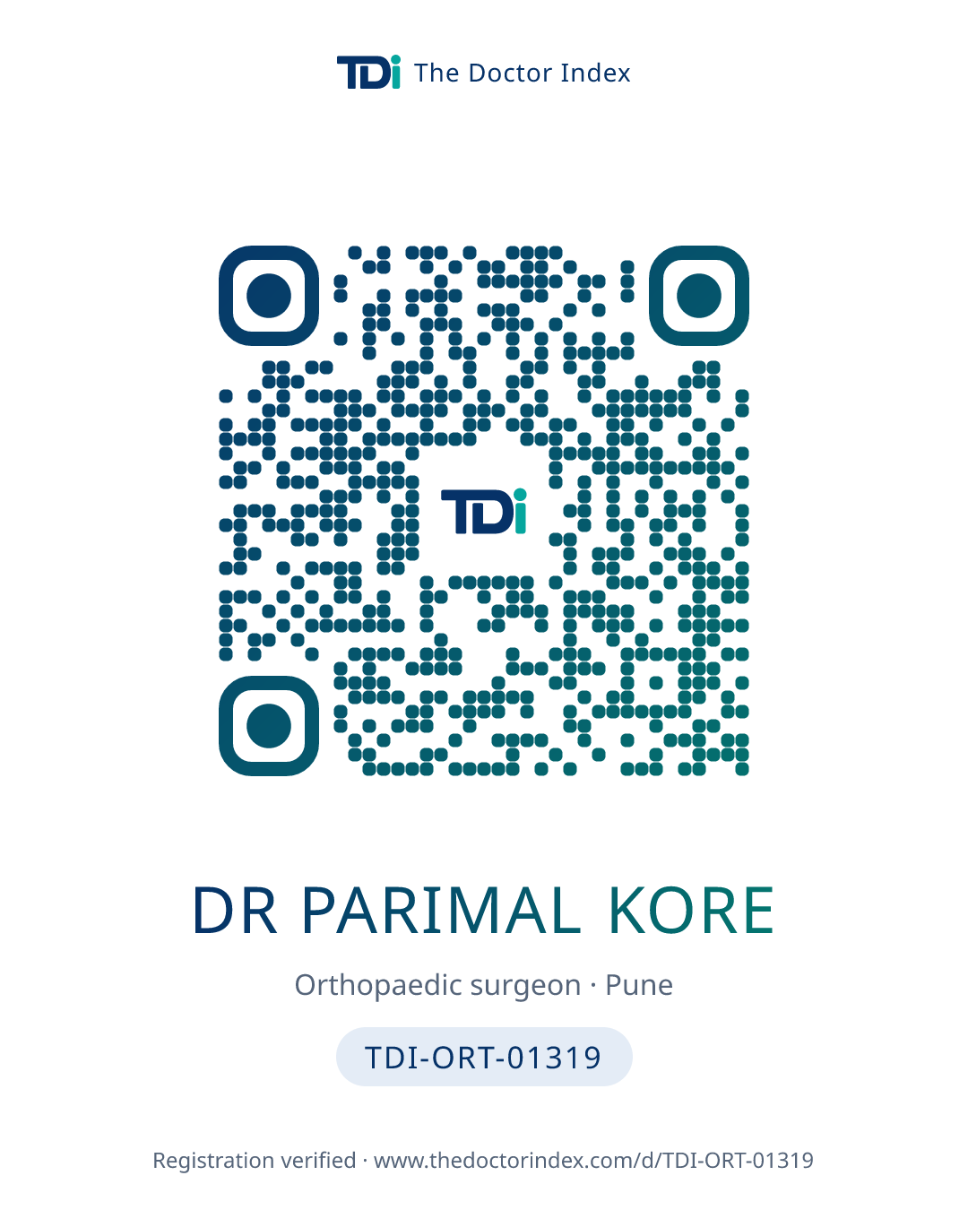 QR card for Dr Parimal Kore, TDI-ORT-01319