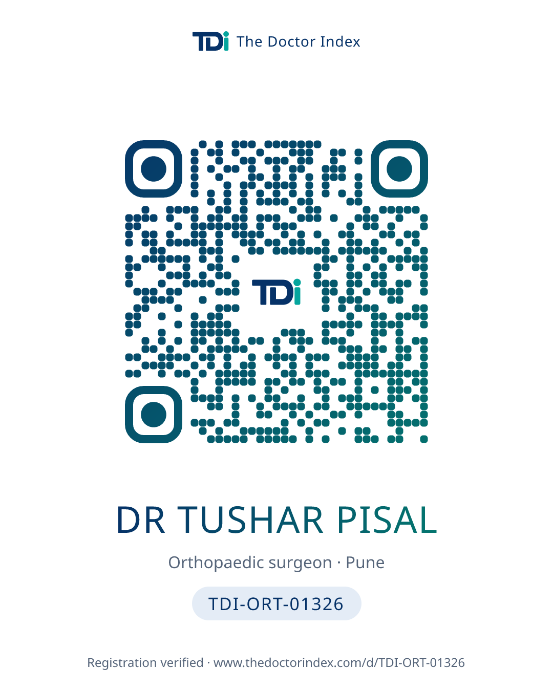 QR card for Dr Tushar Pisal, TDI-ORT-01326