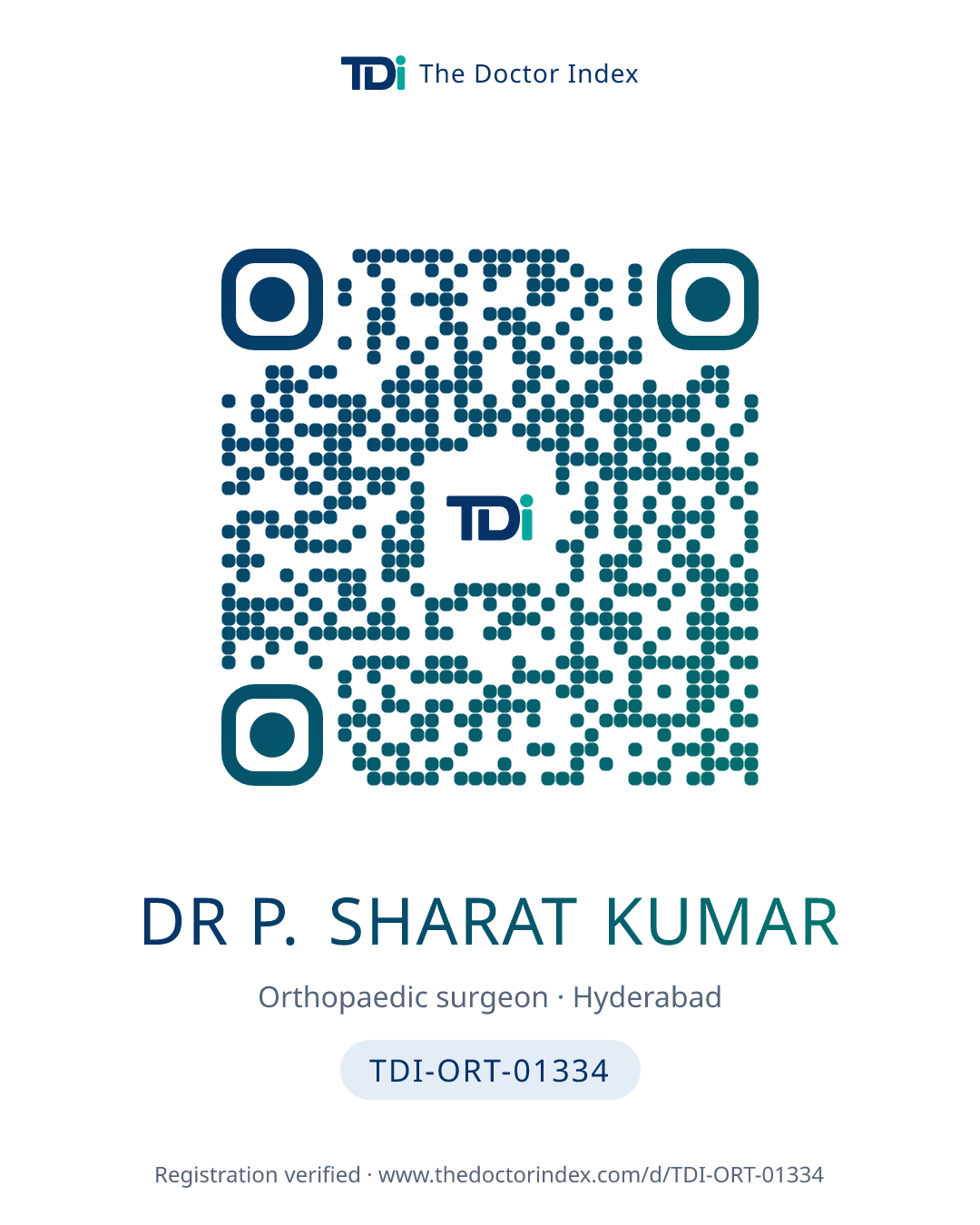 QR card for Dr P. Sharat Kumar, TDI-ORT-01334