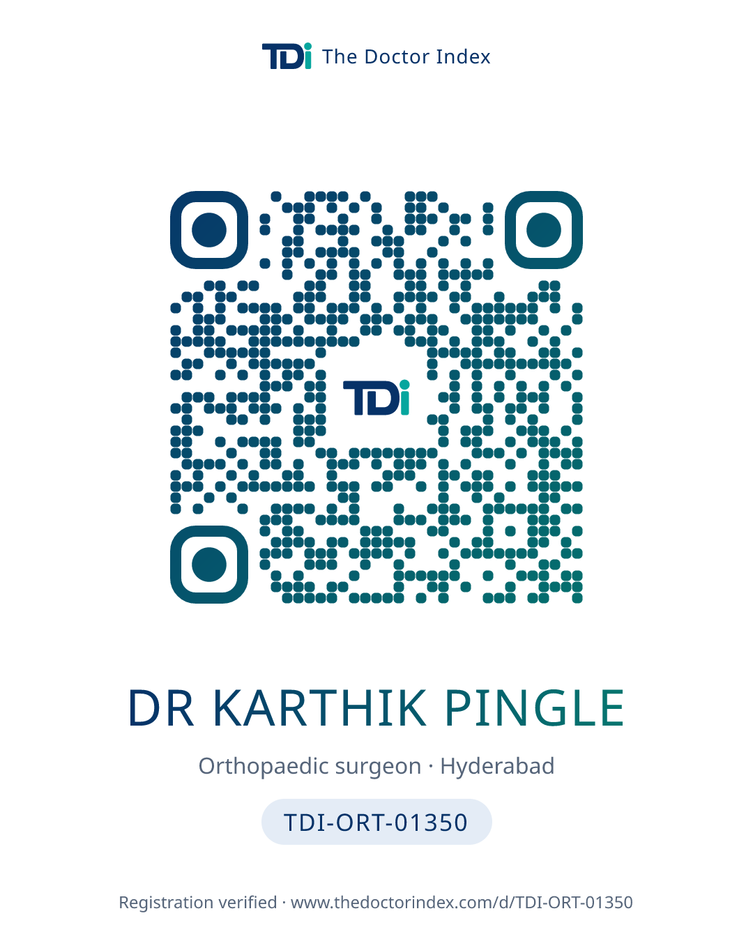 QR card for Dr Karthik Pingle, TDI-ORT-01350