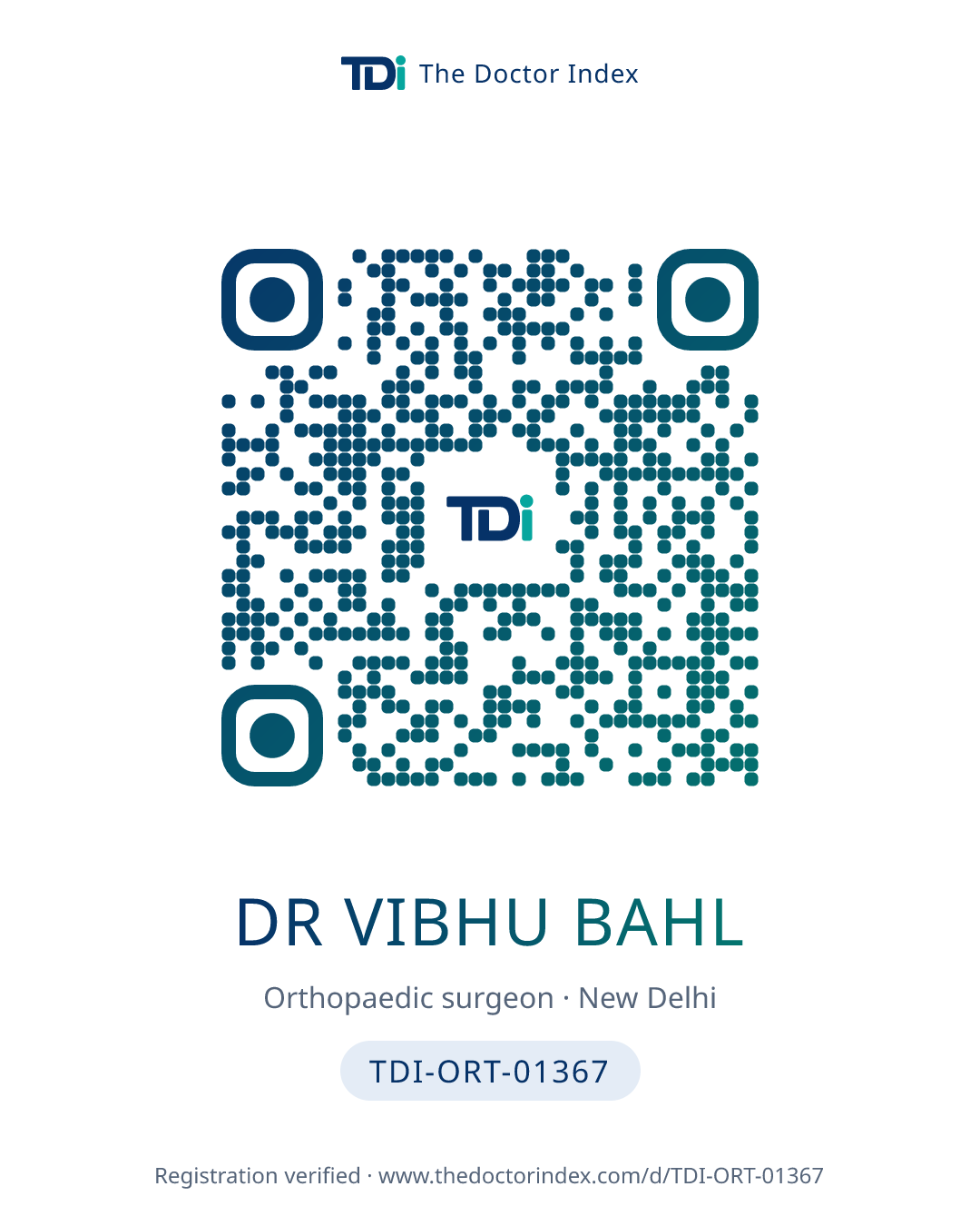 QR card for Dr Vibhu Bahl, TDI-ORT-01367
