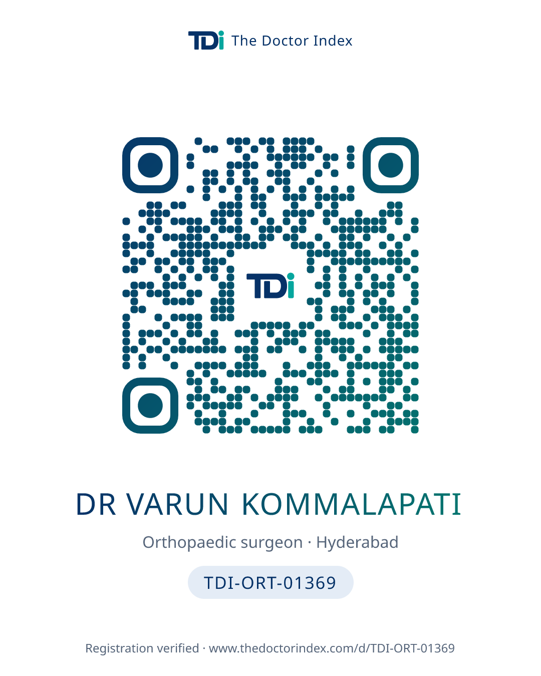 QR card for Dr Varun Kommalapati, TDI-ORT-01369