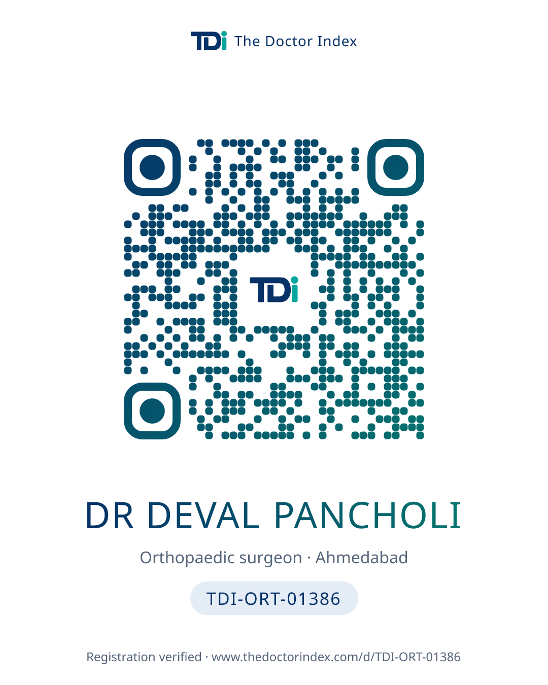 QR card for Dr Deval Pancholi, TDI-ORT-01386