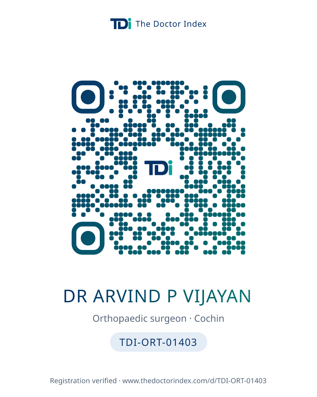 QR card for Dr Arvind P Vijayan, TDI-ORT-01403