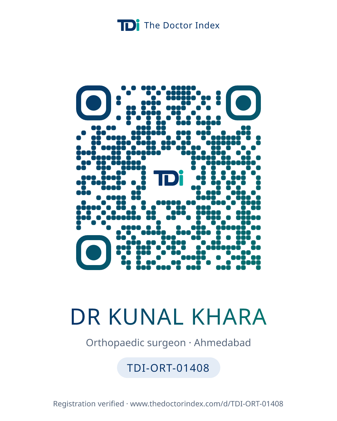 QR card for Dr Kunal Khara, TDI-ORT-01408