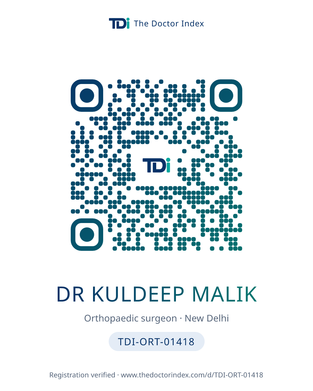 QR card for Dr Kuldeep Malik, TDI-ORT-01418