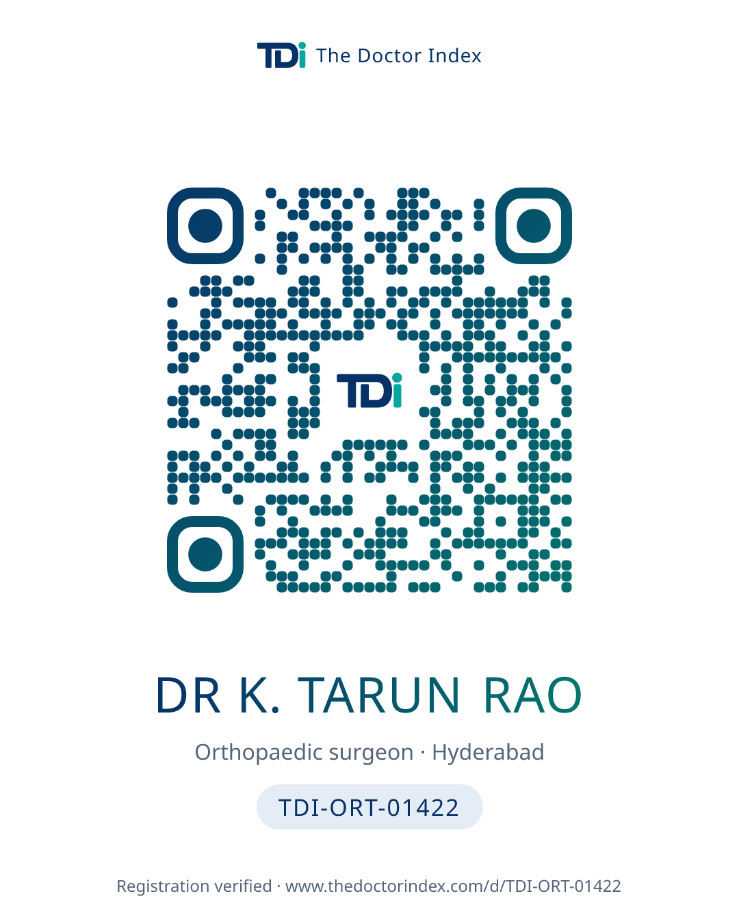 QR card for Dr K. Tarun Rao, TDI-ORT-01422