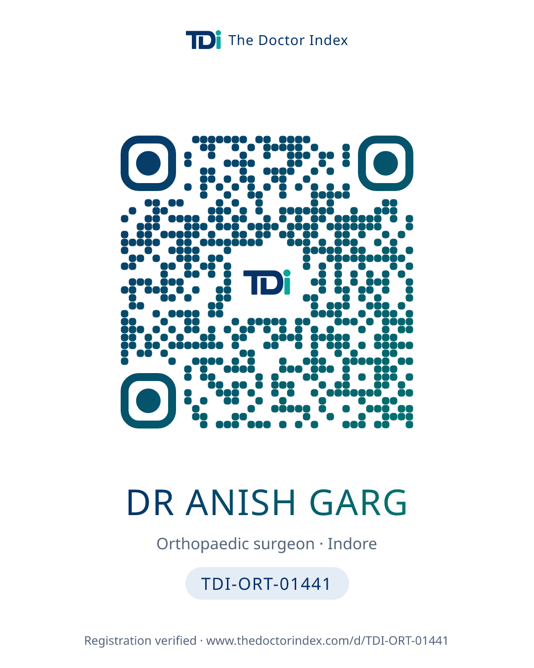 QR card for Dr Anish Garg, TDI-ORT-01441