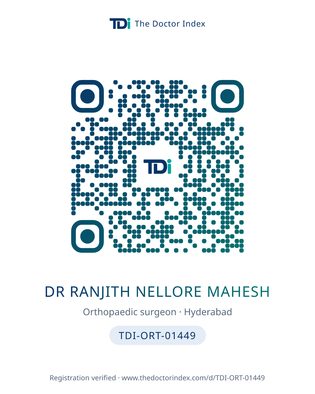 QR card for Dr Ranjith Nellore Mahesh, TDI-ORT-01449