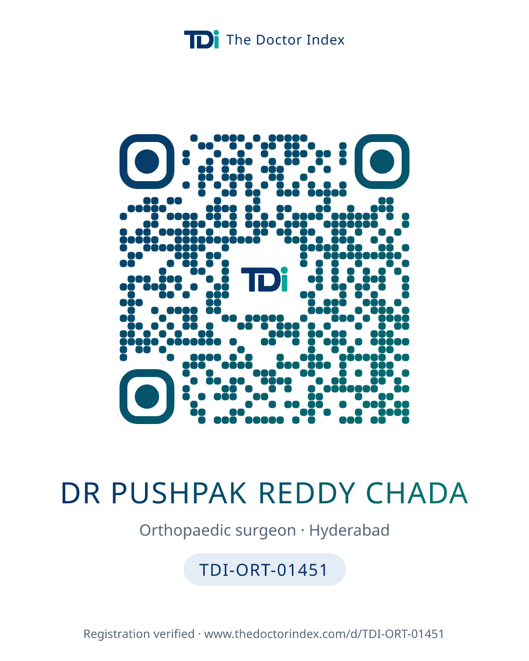 QR card for Dr Pushpak Reddy Chada, TDI-ORT-01451
