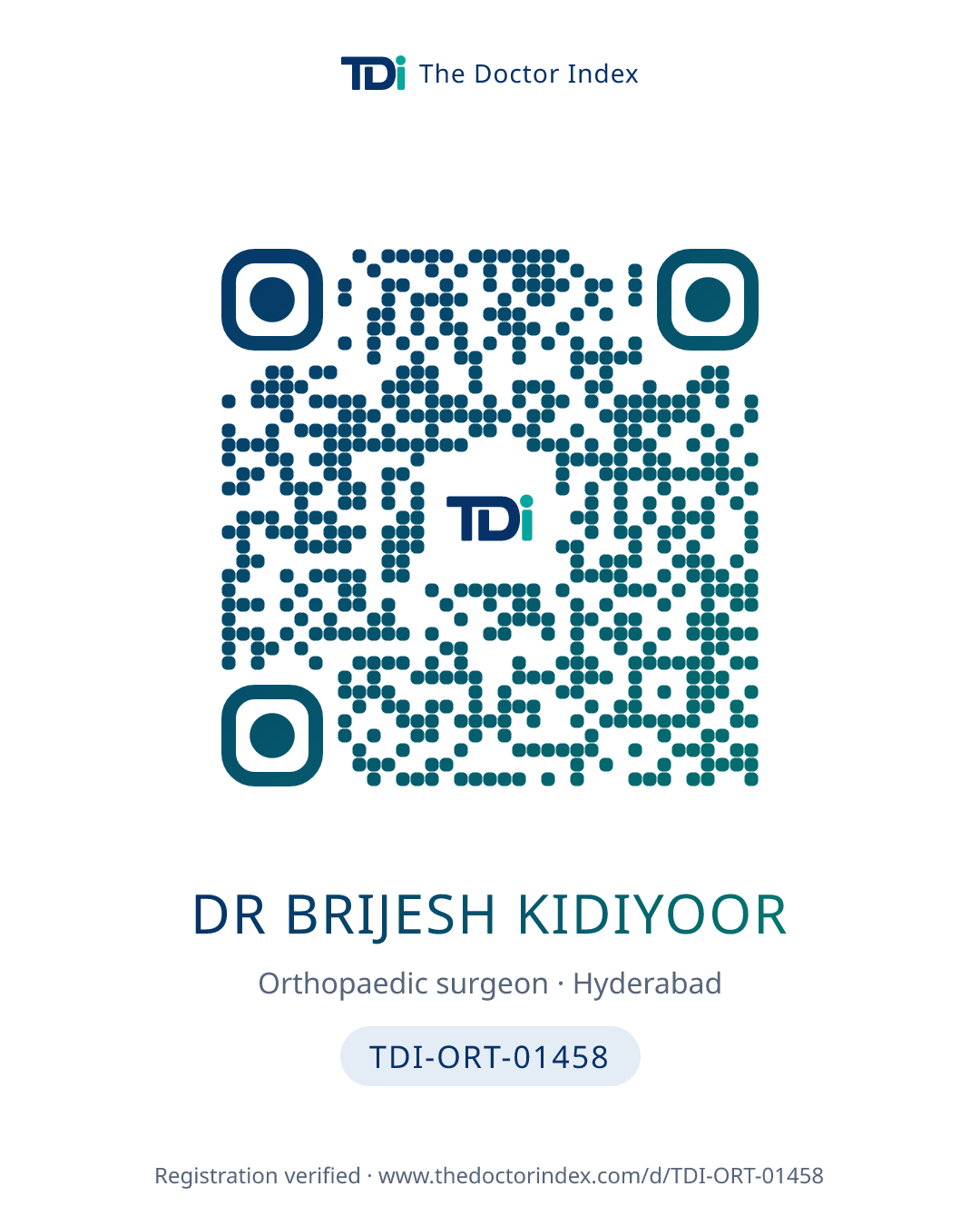 QR card for Dr Brijesh Kidiyoor, TDI-ORT-01458