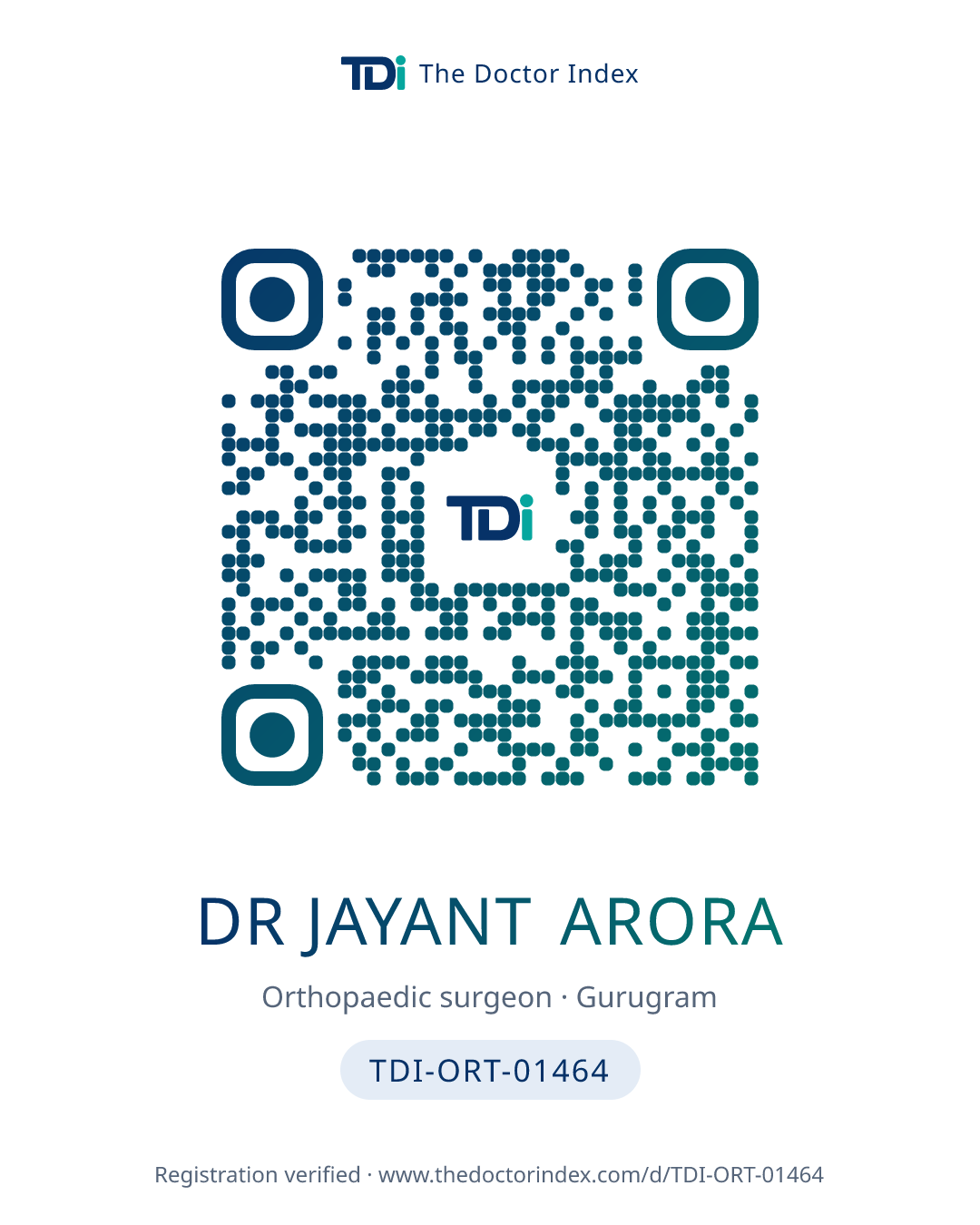 QR card for Dr Jayant Arora, TDI-ORT-01464
